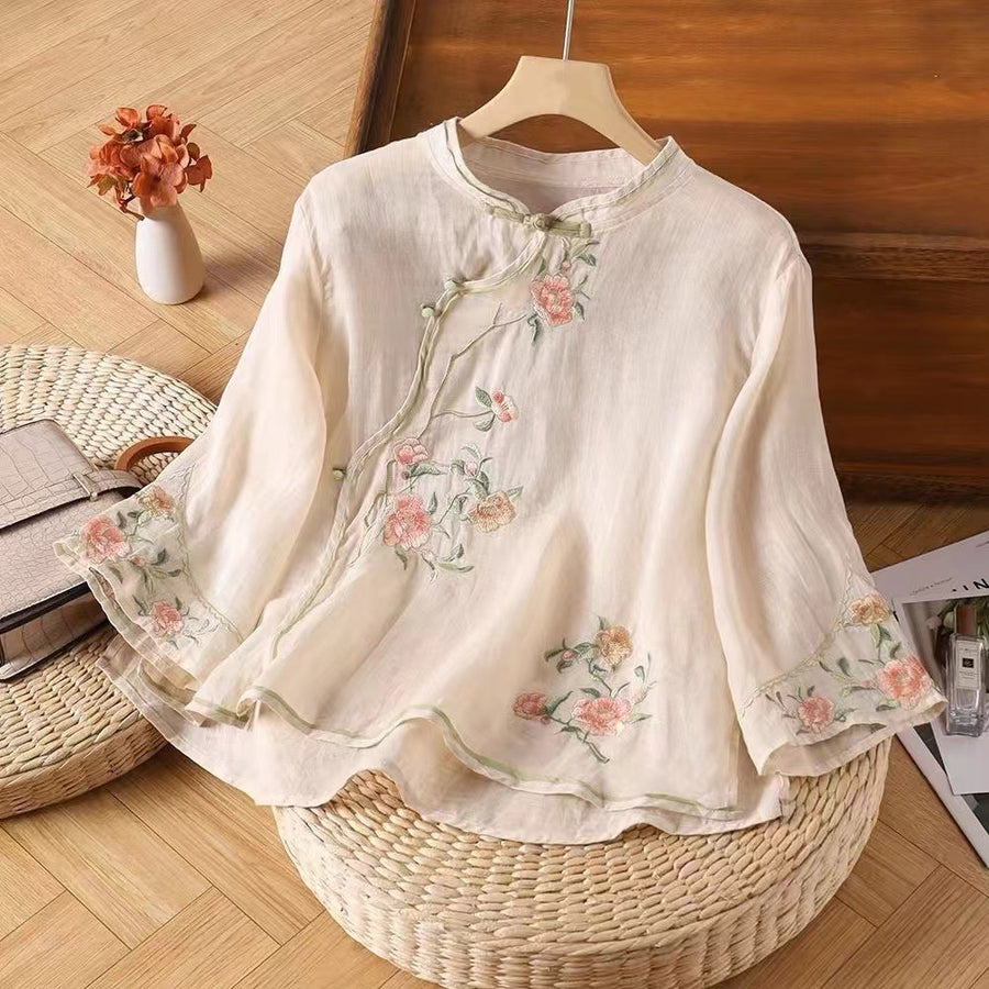 Embroidered Cotton Linen Chinese Frog-Button Shirt