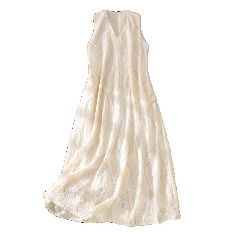 Back view of a light beige sleeveless midi dress with a V-neck and textured fabric