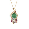 Gold-tone swan necklace with a large green chalcedony stone and multi-colored gems