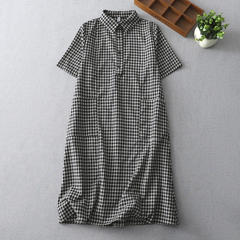 Casual Vintage Plaid Pattern Lapel Short Sleeve Midi Dress With Pockets