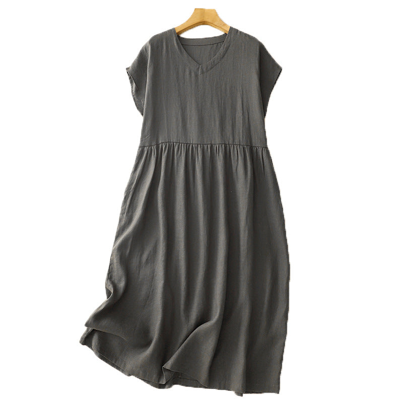 A dark grey cotton linen midi dress with short sleeves hanging on a wooden hanger.