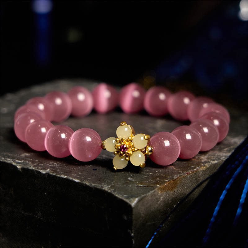 Cat's Eye Flower Charm Bracelet, 8mm Beads