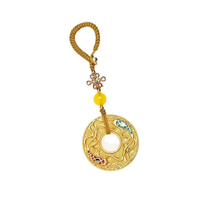 Gold-tone metal keychain with double koi fish peace buckle charm