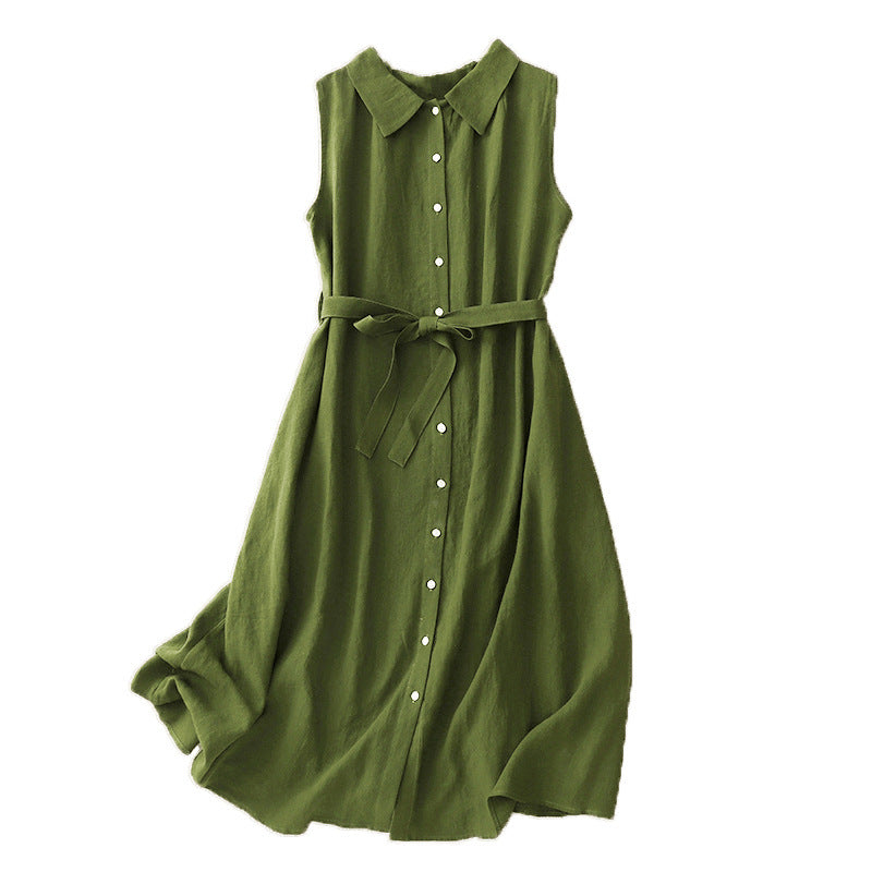 Green sleeveless midi dress with white buttons and a tie belt hanging on a wooden hanger