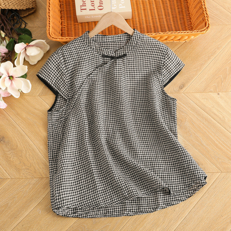 Black and white plaid short sleeve shirt with stand collar on hanger