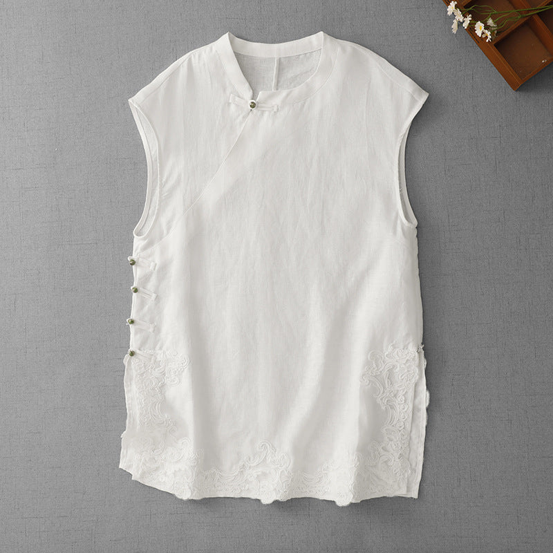 Women's Linen Vest with Lace Trim and Frog Buttons