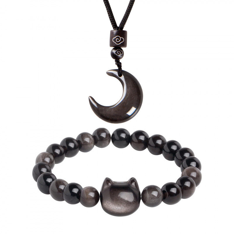 Silver sheen obsidian set with a cat bead bracelet and crescent moon pendant necklace