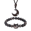 Silver sheen obsidian set with a cat bead bracelet and crescent moon pendant necklace