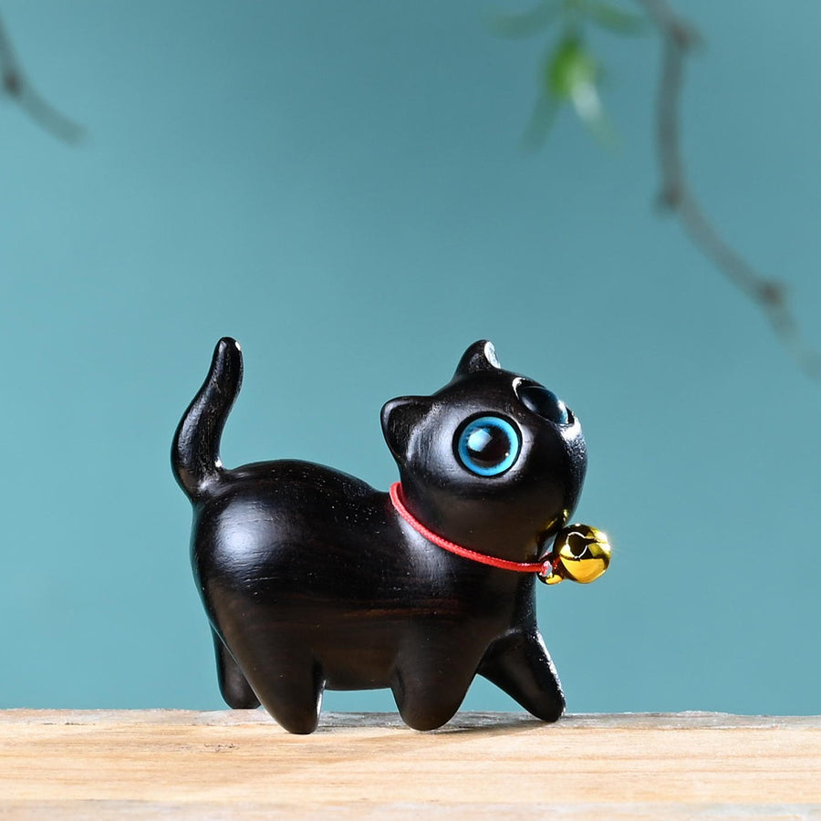 Carved Wood Cat Figurine with Bell - Cute Animal Desk Decoration