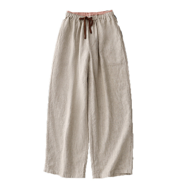 Front view of beige wide-leg cotton linen pants with elastic waistband