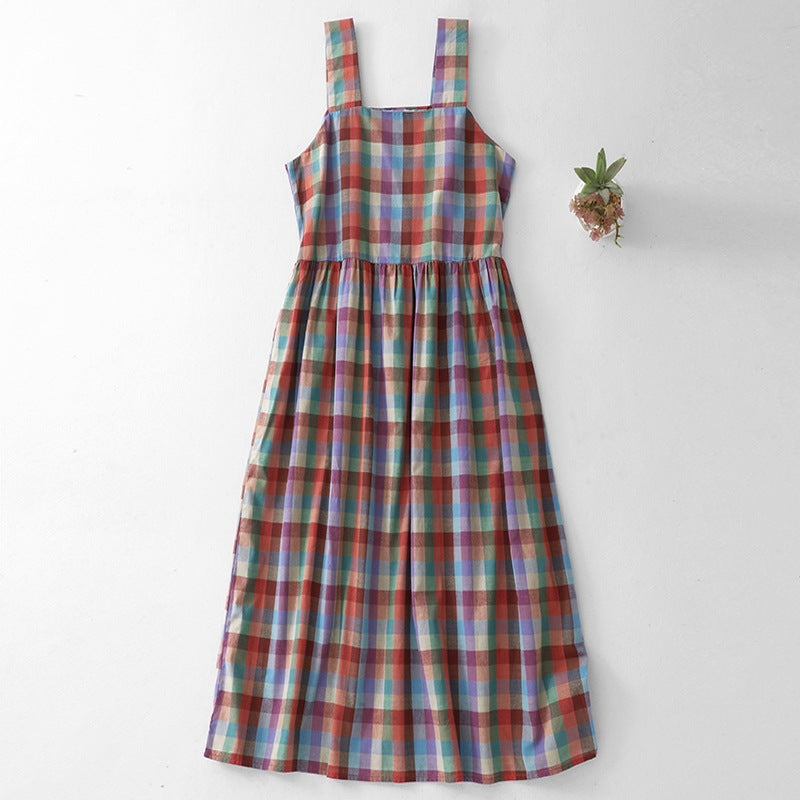 Front view of a colorful plaid sleeveless midi dress with square neckline