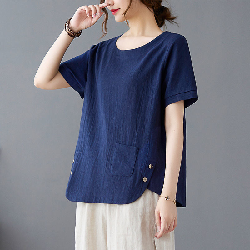 Women's Cotton Linen T-Shirt with Side Slit and Pocket