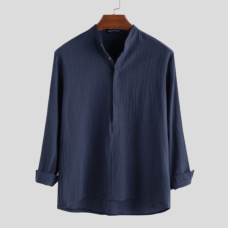 Men's Solid Color Half Button Long Sleeve Cotton Shirt