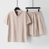 Men's Cotton Linen T-Shirt and Shorts Set V-Neck Short Sleeve