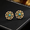 Gold-Tone Floral Stud Earrings with Blue Stone Accents