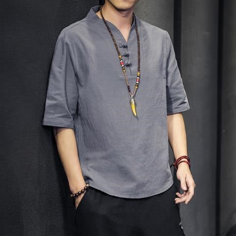 Men's Linen Short Sleeve Shirt Casual Summer Half Sleeve T-Shirt