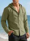 Men's Solid Color Long Sleeve Hooded Drawstring Buttons Shirt