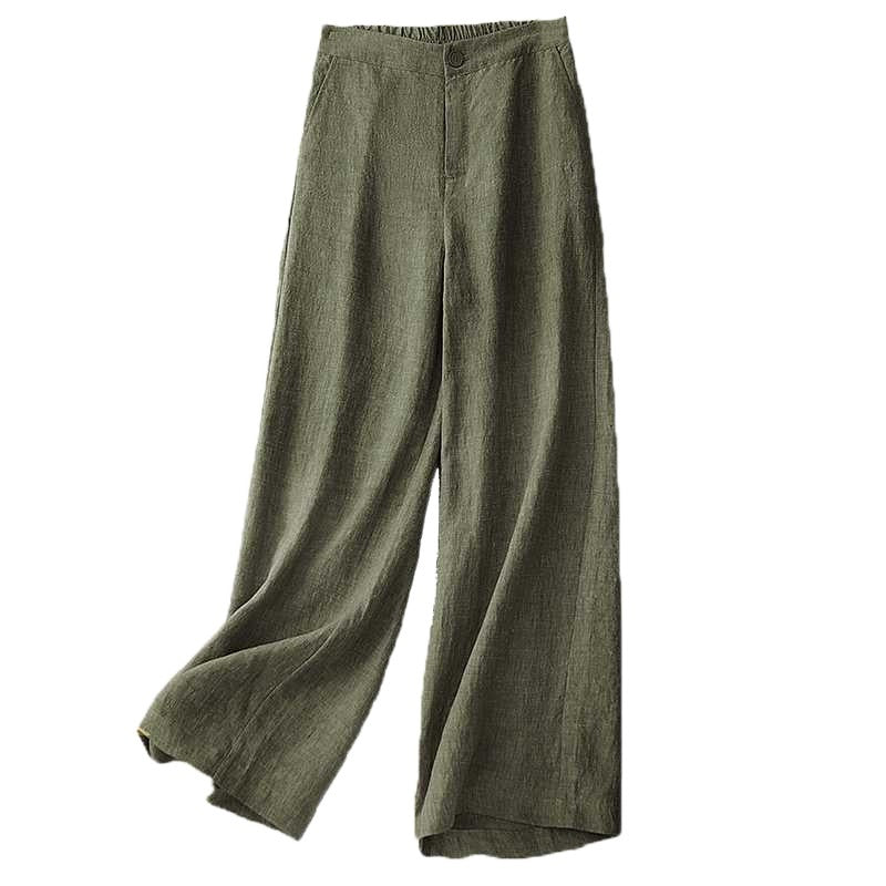 Full view of green wide leg linen pants against a white background