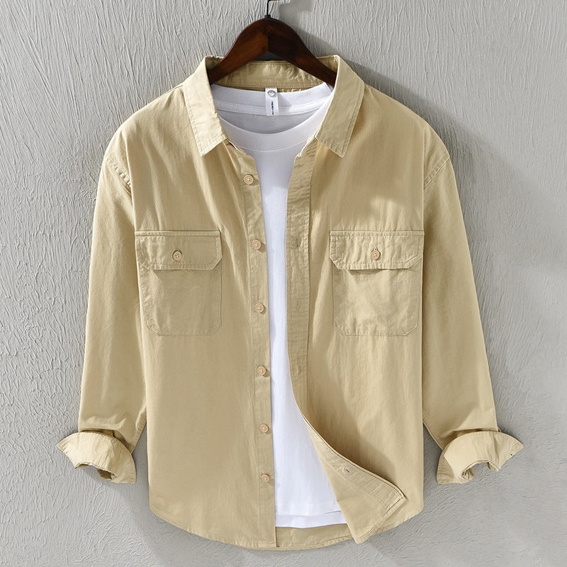 Men's Long Sleeve Turn-down Collar With Pocket Pure Color Casual Cotton Shirt