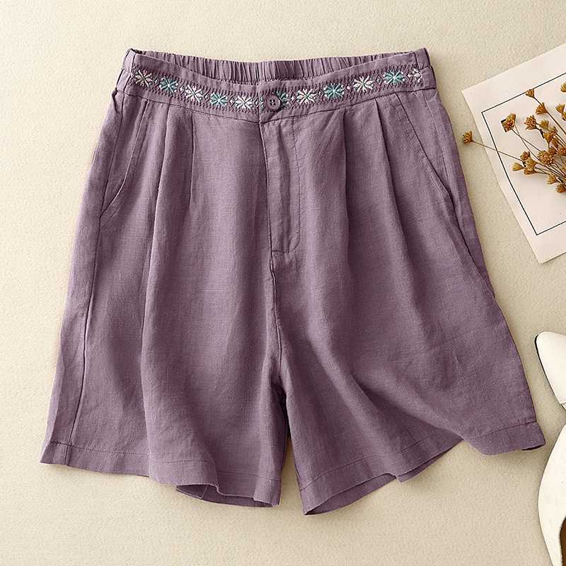 Embroidered Cotton Linen Shorts Women Summer Casual Wide Leg