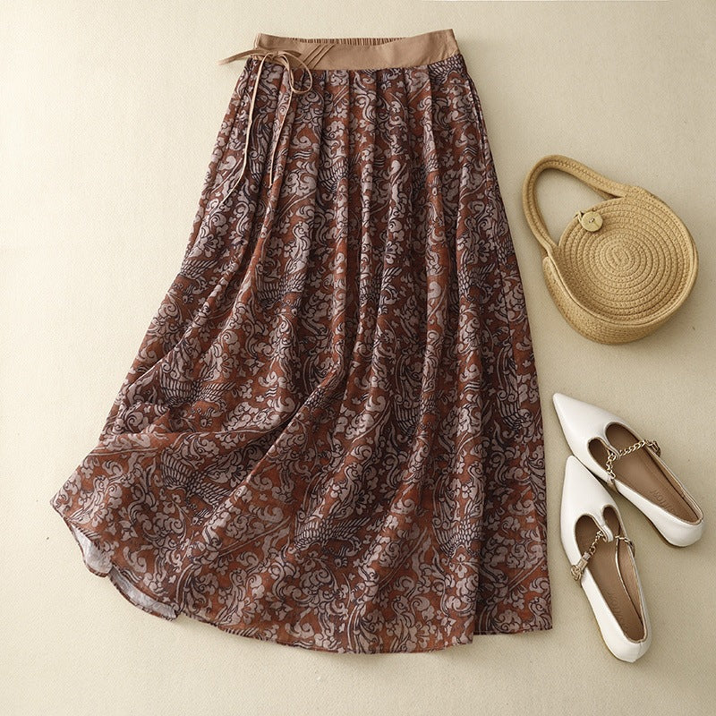 Linen Floral A-Line Skirt with Drawstring Waist