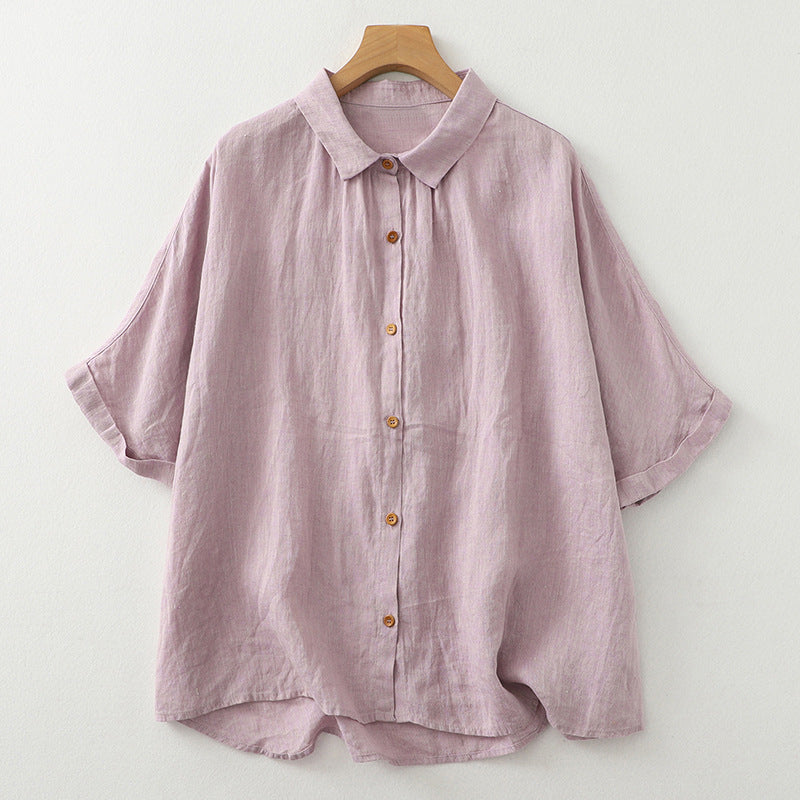 Women's Half Sleeve Shirt Cotton Linen Button Down Top