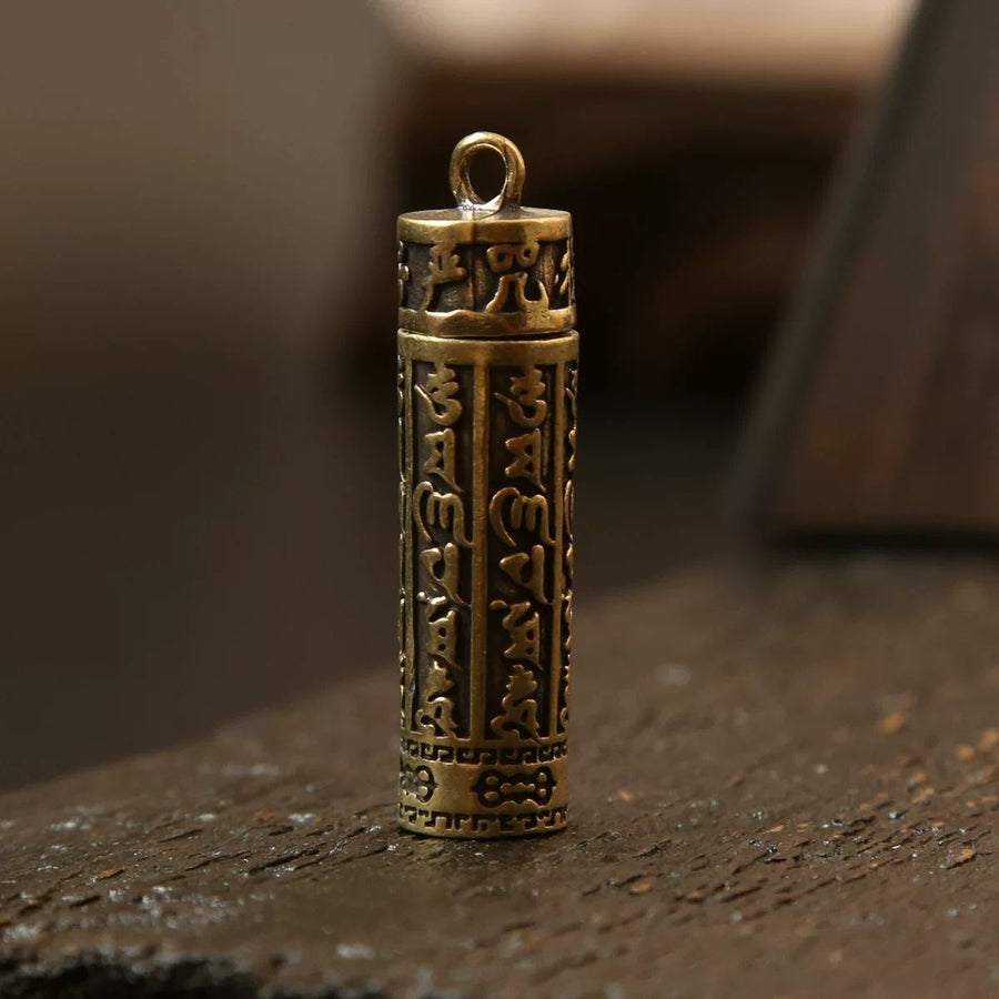 Brass Mantra Cylinder Necklace with Beaded Cord