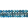 Three strands of round blue natural apatite beads on a white background