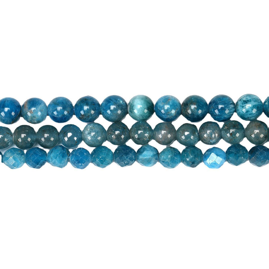 Three strands of round blue natural apatite beads on a white background
