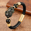 Pixiu Leather Bracelet with Gold-Tone Clasp and Mantra Beads