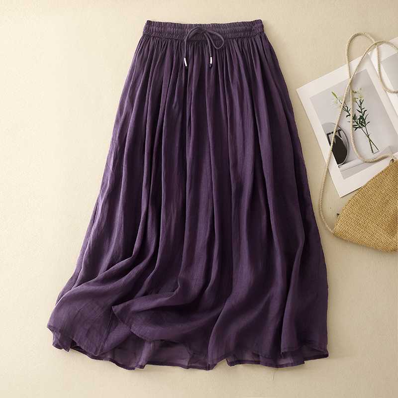 Linen A-Line Skirt with Elastic Waist and Pockets
