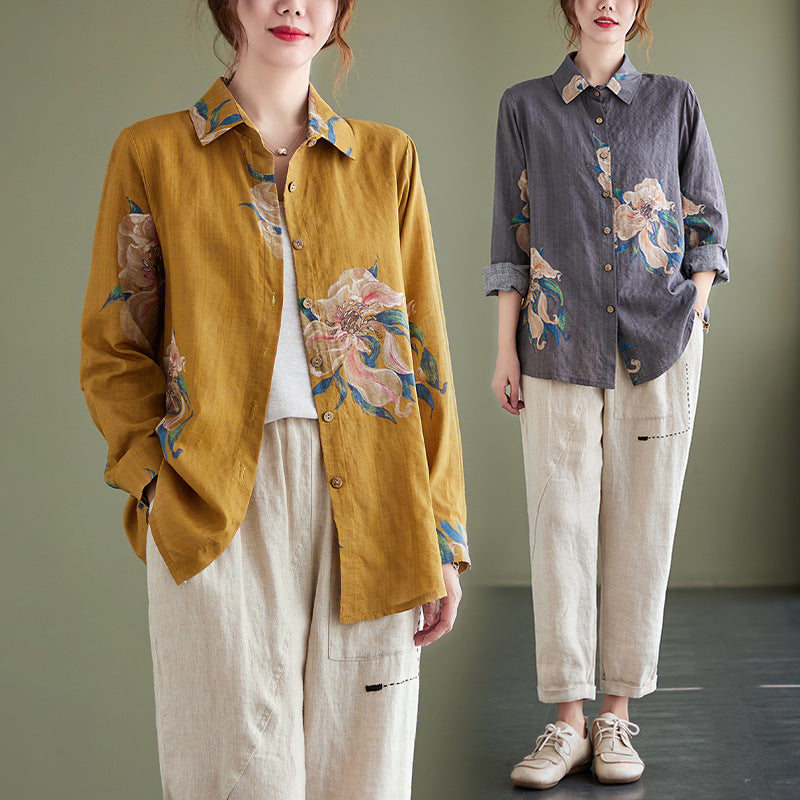 Women's Cotton Linen Shirt with Floral Print