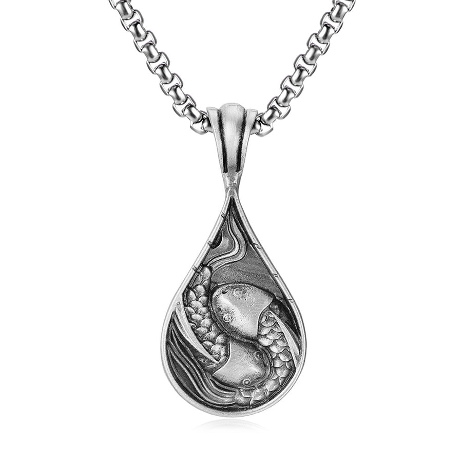 Silver-tone teardrop pendant with a koi fish design on a box chain