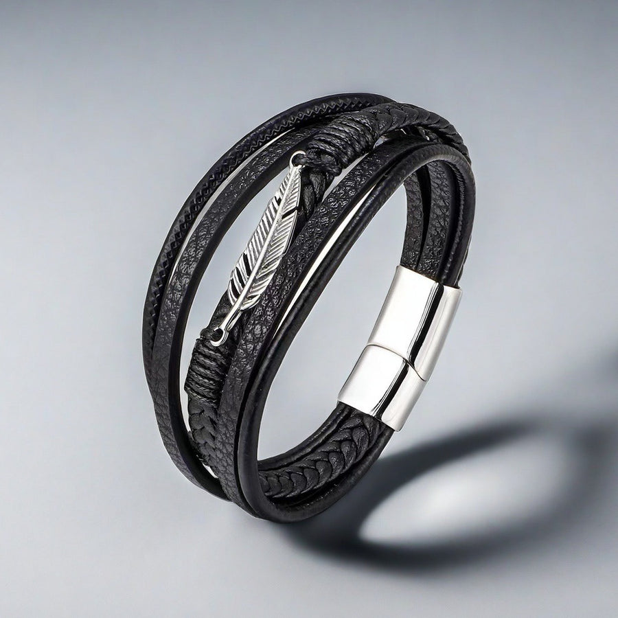 Feather Pattern Multilayer Leather Titanium Steel Calm Braided Magnetic Buckle Bracelet