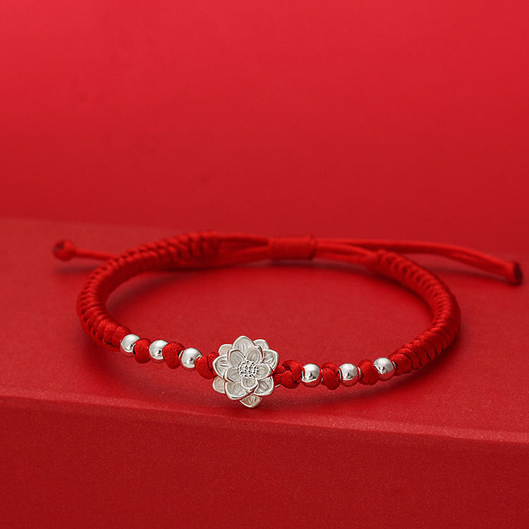 Lotus Silver Charm Bracelet on Red or Black Cord