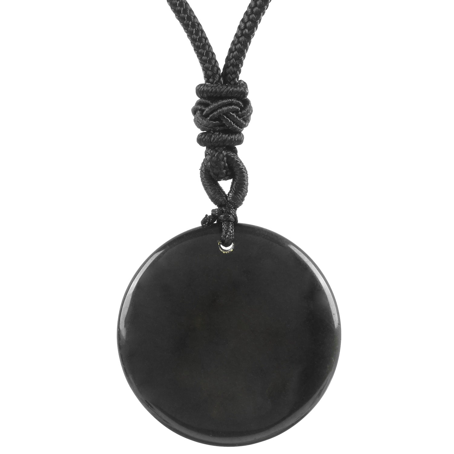 Close up of a black round stone pendant on a knotted black cord against a white background