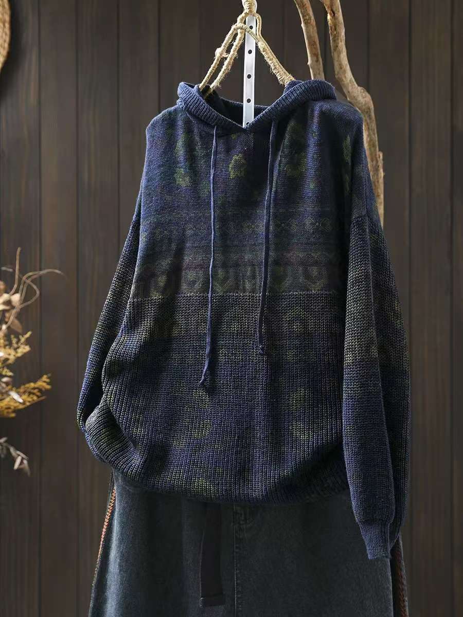 Women's Cotton Knit Hoodie, Retro Geometric Print Pullover