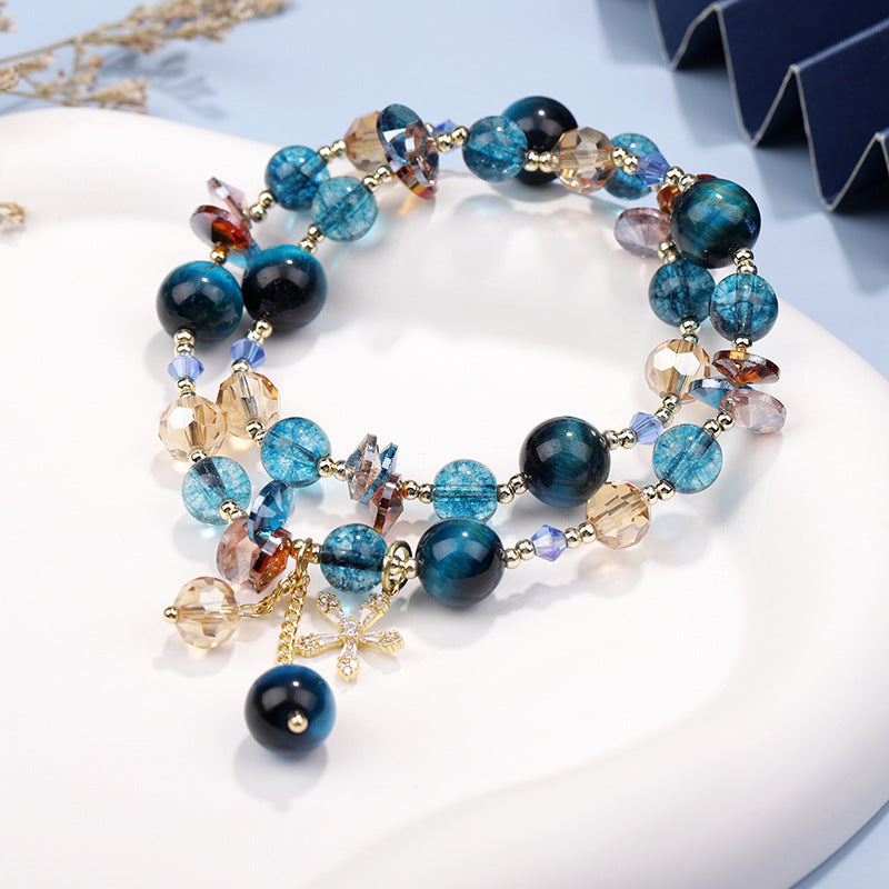 Double Wrap Bracelet with Tiger Eye and Flower Charm