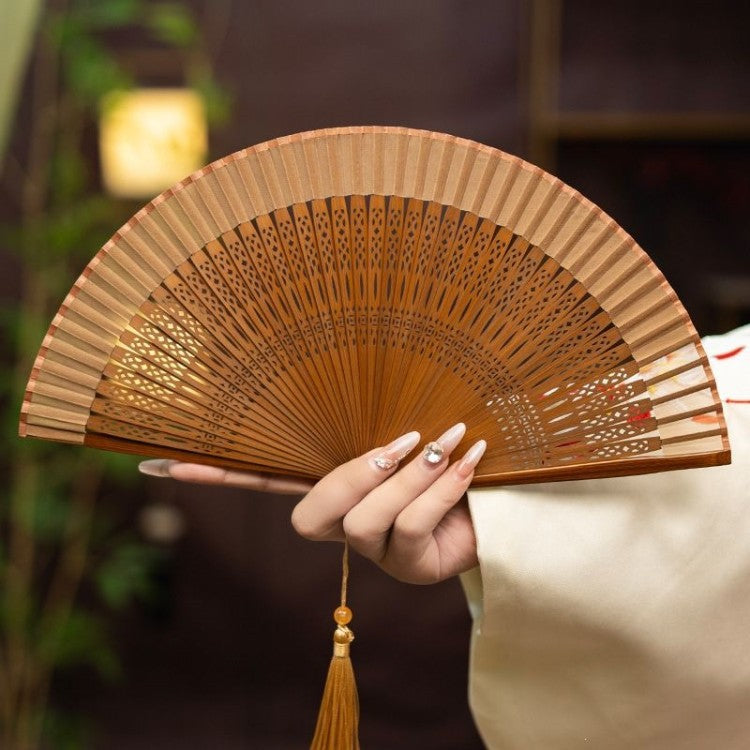 Mini Hollow Carved Bamboo Folding Fan with Tassel