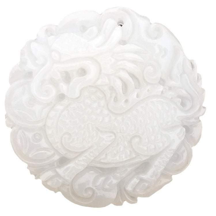 Round white jade pendant with a carved dragon design