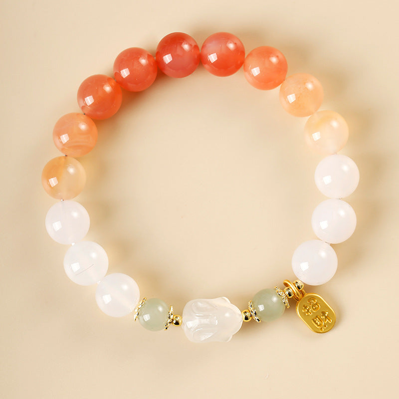 Cat Paw Hetian Jade Bracelet with Rainbow Agate Beads