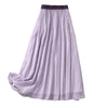 Light purple pleated midi skirt with dark elastic waistband on white background