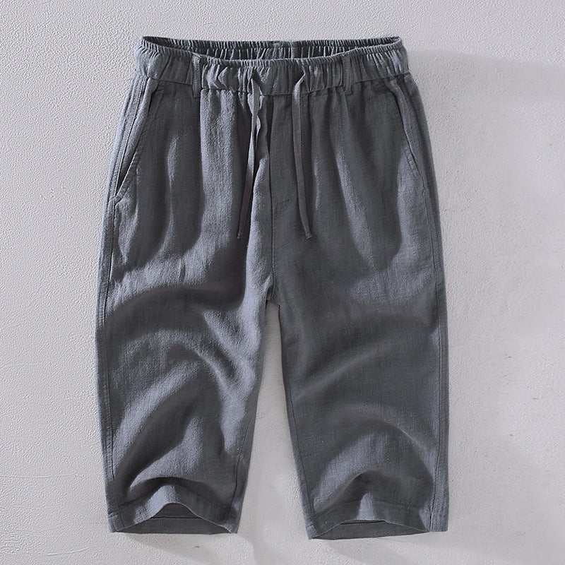 Men's Solid Color Ramie Linen Drawstring Cropped Pants With Pockets