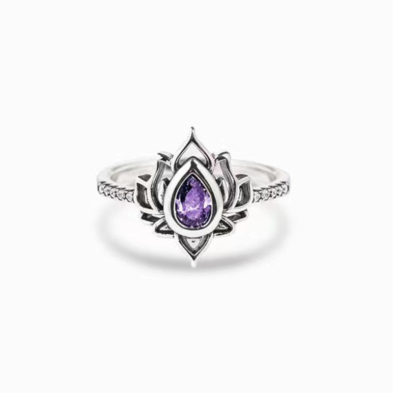Silver Lotus Zircon Blessing Protection Ring