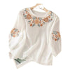 Cotton Linen Embroidered T-shirt Women's Crew Neck Three Quarter Sleeve Top