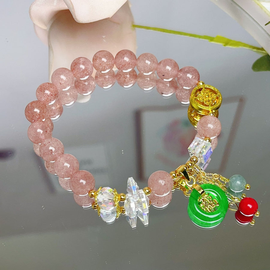 Pink Strawberry Quartz beaded bracelet with gold Fu charm and green jade pendant
