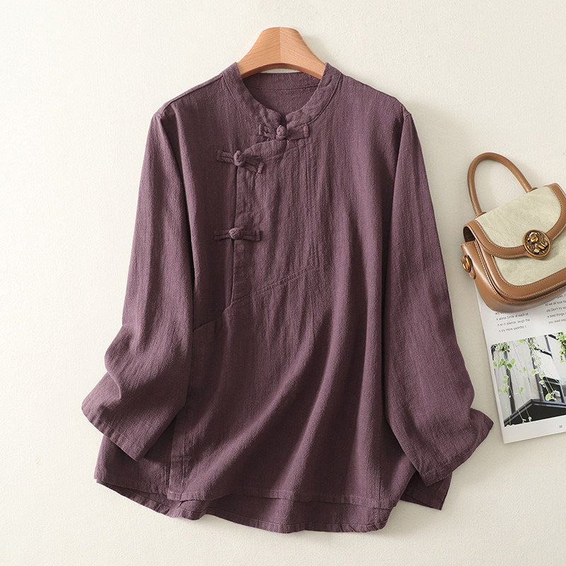 Cotton Linen Frog Button Shirt Long Sleeve