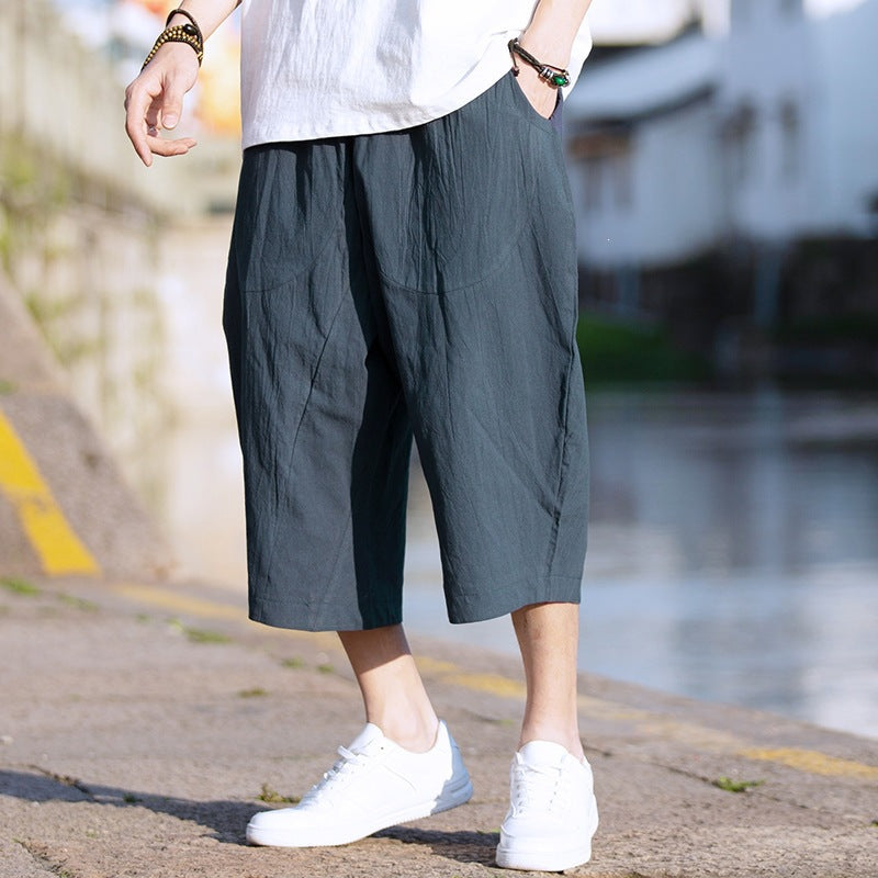 Men's Linen Pleated Pants Summer Drawstring Cropped Trousers