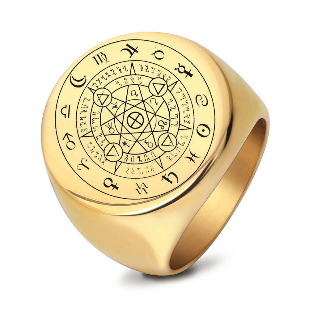 Gold-tone stainless steel ring with laser engraved zodiac wheel and geometric center pattern