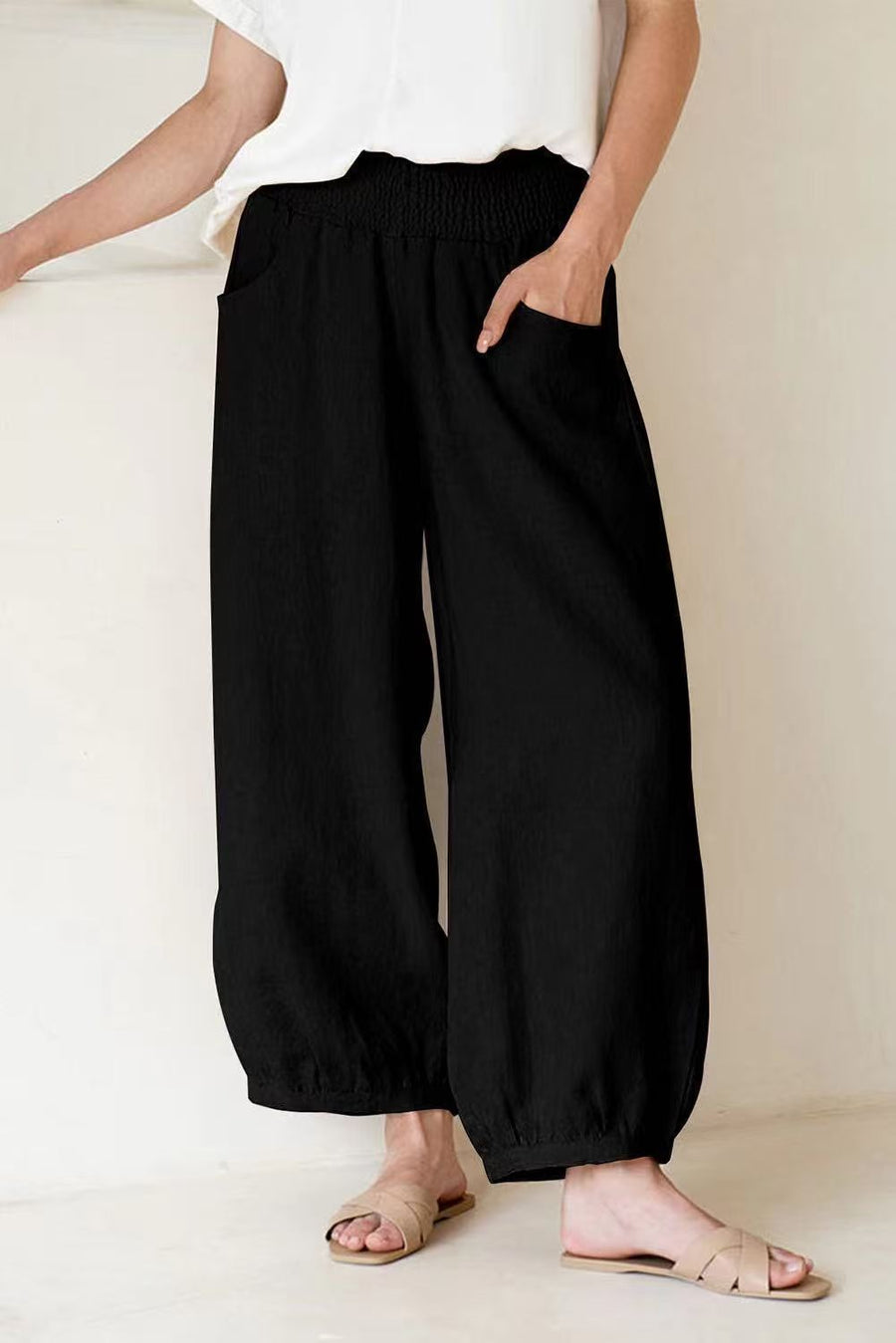 Women's Harem Pants Cotton Linen Wide Leg Cropped Trousers
